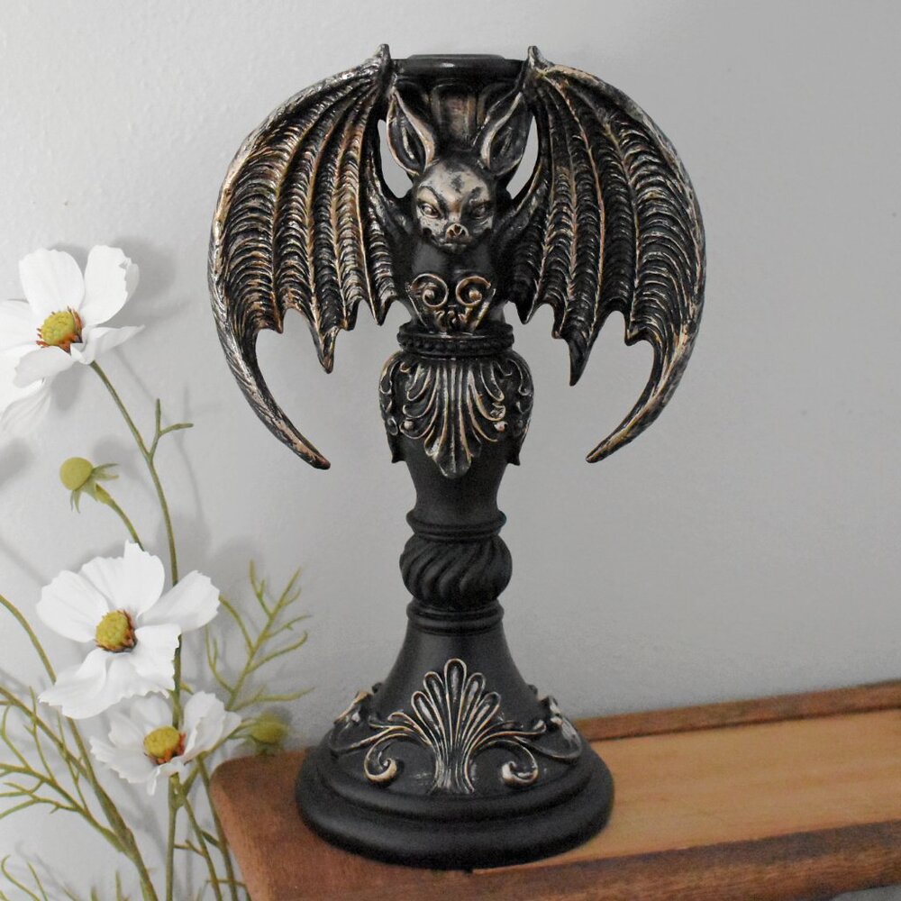 Gothic Glam Ornate Resin Vampire Bat Taper Candle Holder Spooky Halloween Decor